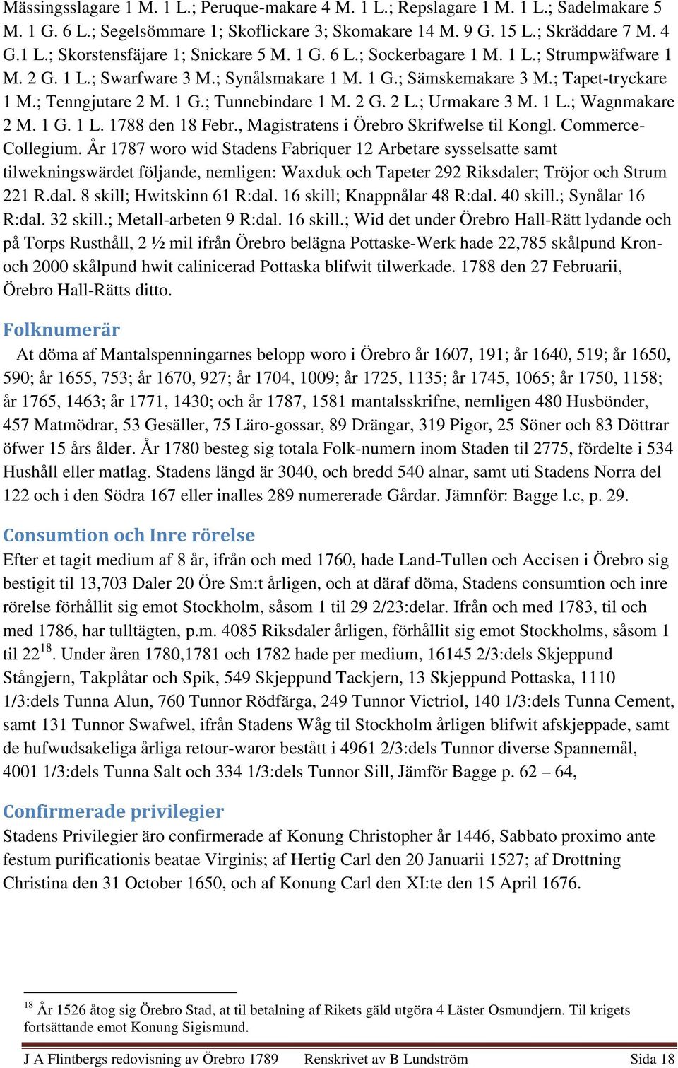 ; Urmakare 3 M. 1 L.; Wagnmakare 2 M. 1 G. 1 L. 1788 den 18 Febr., Magistratens i Örebro Skrifwelse til Kongl. Commerce- Collegium.