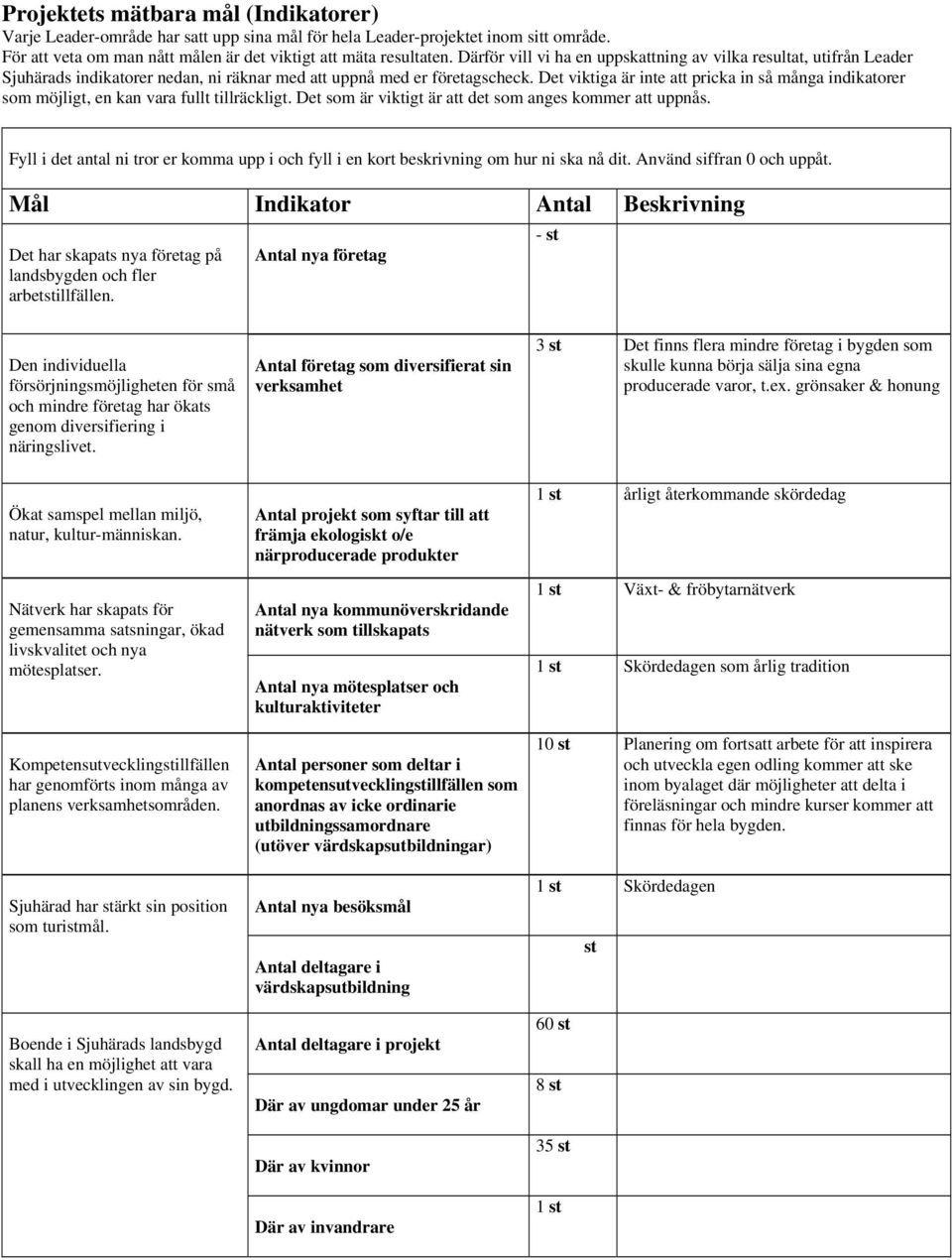 Det viktiga är inte att pricka in så många indikatorer som möjligt, en kan vara fullt tillräckligt. Det som är viktigt är att det som anges kommer att uppnås.