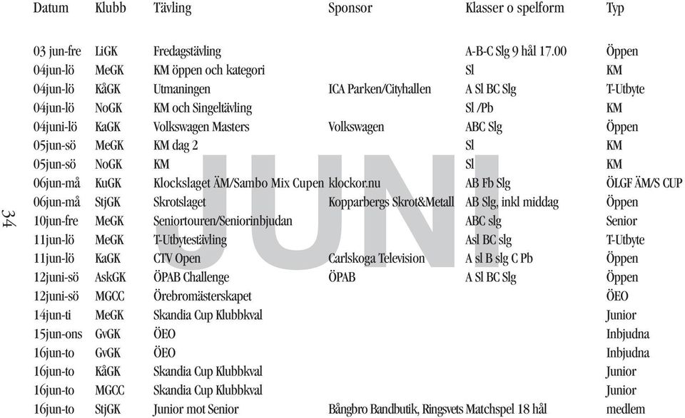 Volkswagen ABC Slg Öppen 05jun-sö MeGK KM dag 2 Sl KM 05jun-sö NoGK KM Sl KM 06jun-må KuGK Klockslaget ÄM/Sambo Mix Cupen klockor.