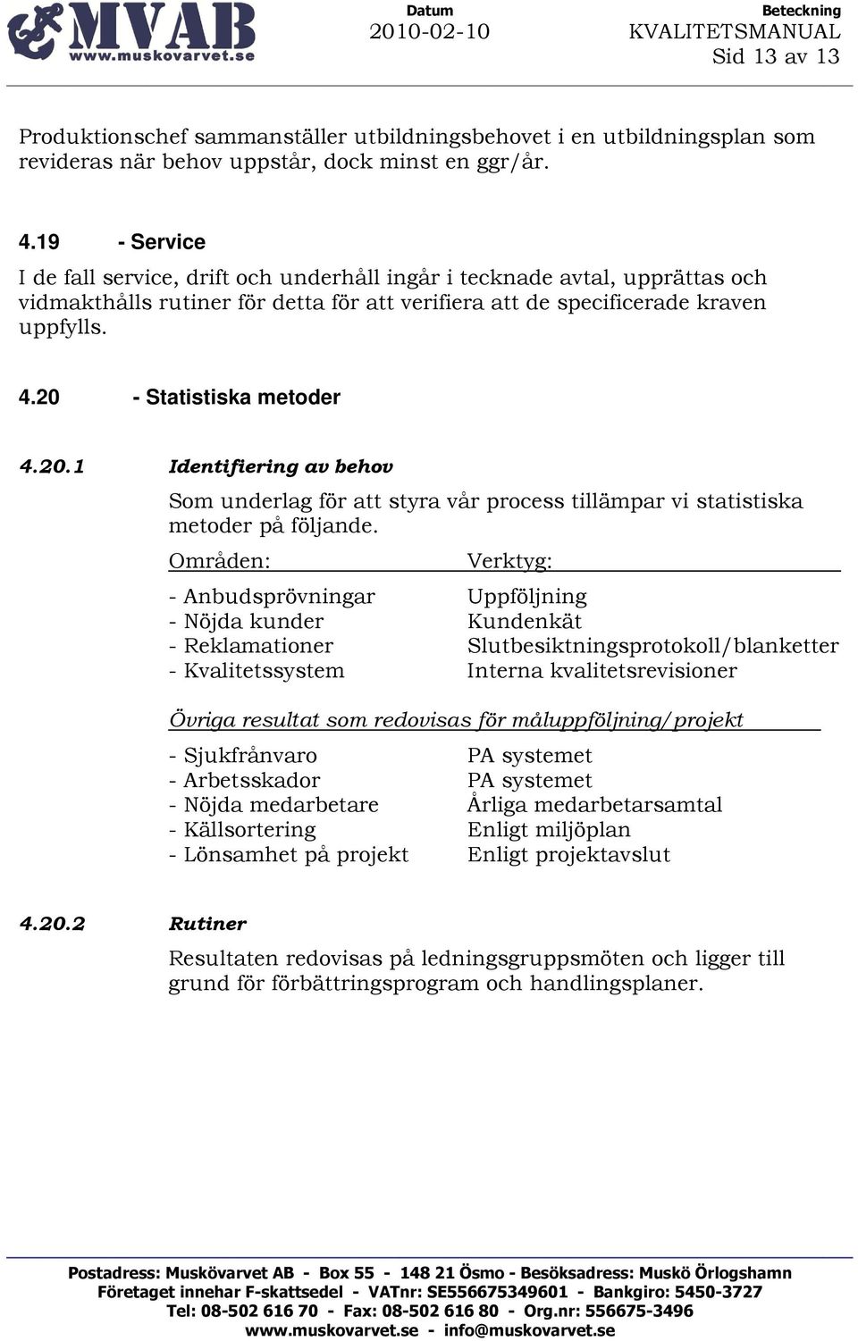 20 - Statistiska metoder 4.20.1 Identifiering av behov Som underlag för att styra vår process tillämpar vi statistiska metoder på följande.