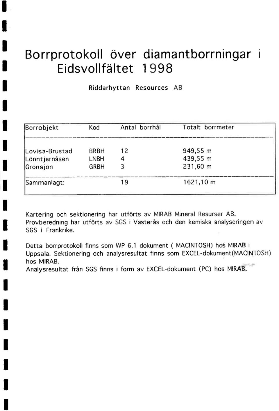 Provberedning har utforts av SGS i Västerås och den kemiska analyseringen av SGS i Frankrike. Detta borrprotokoll finns som WP 6.