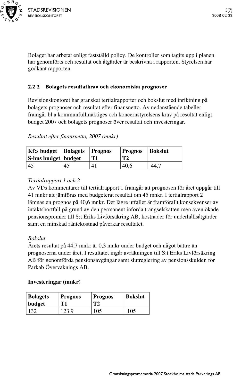 2.2 Bolagets resultatkrav och ekonomiska prognoser Revisionskontoret har granskat tertialrapporter och bokslut med inriktning på bolagets prognoser och resultat efter finansnetto.