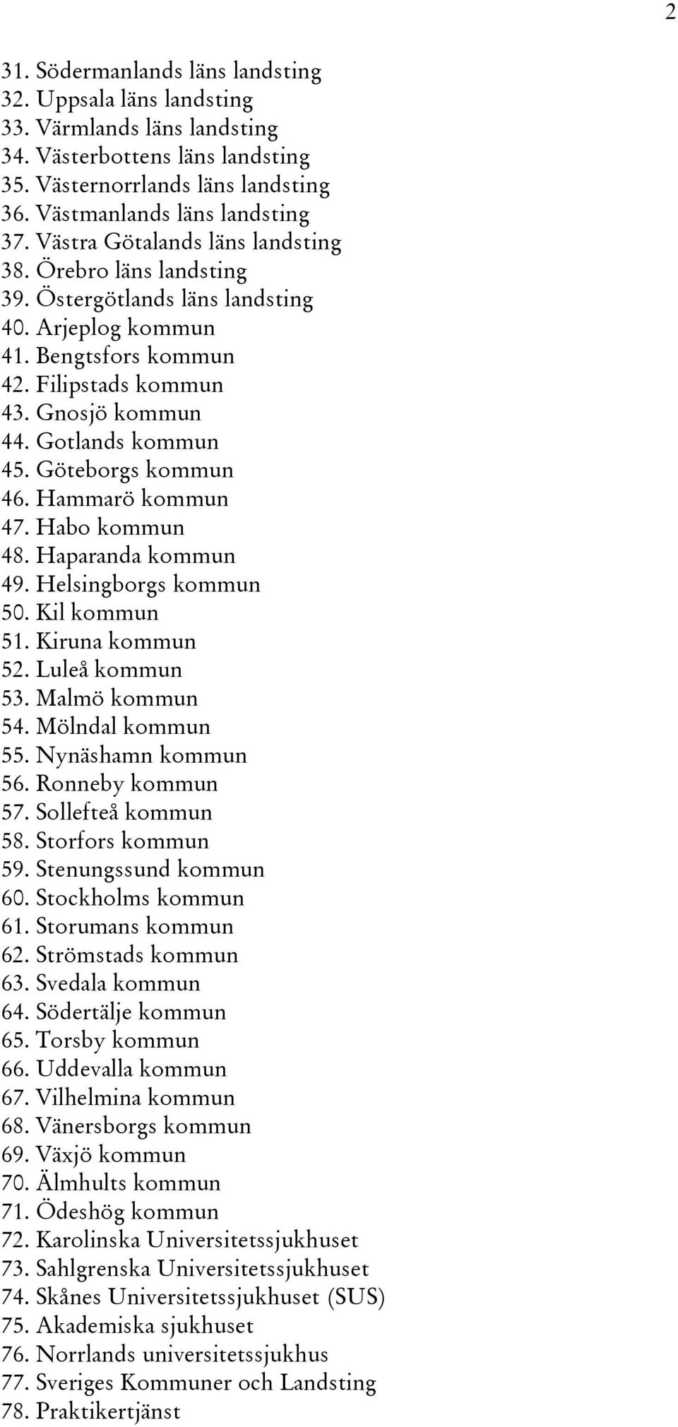 Göteborgs kommun 46. Hammarö kommun 47. Habo kommun 48. Haparanda kommun 49. Helsingborgs kommun 50. Kil kommun 51. Kiruna kommun 52. Luleå kommun 53. Malmö kommun 54. Mölndal kommun 55.