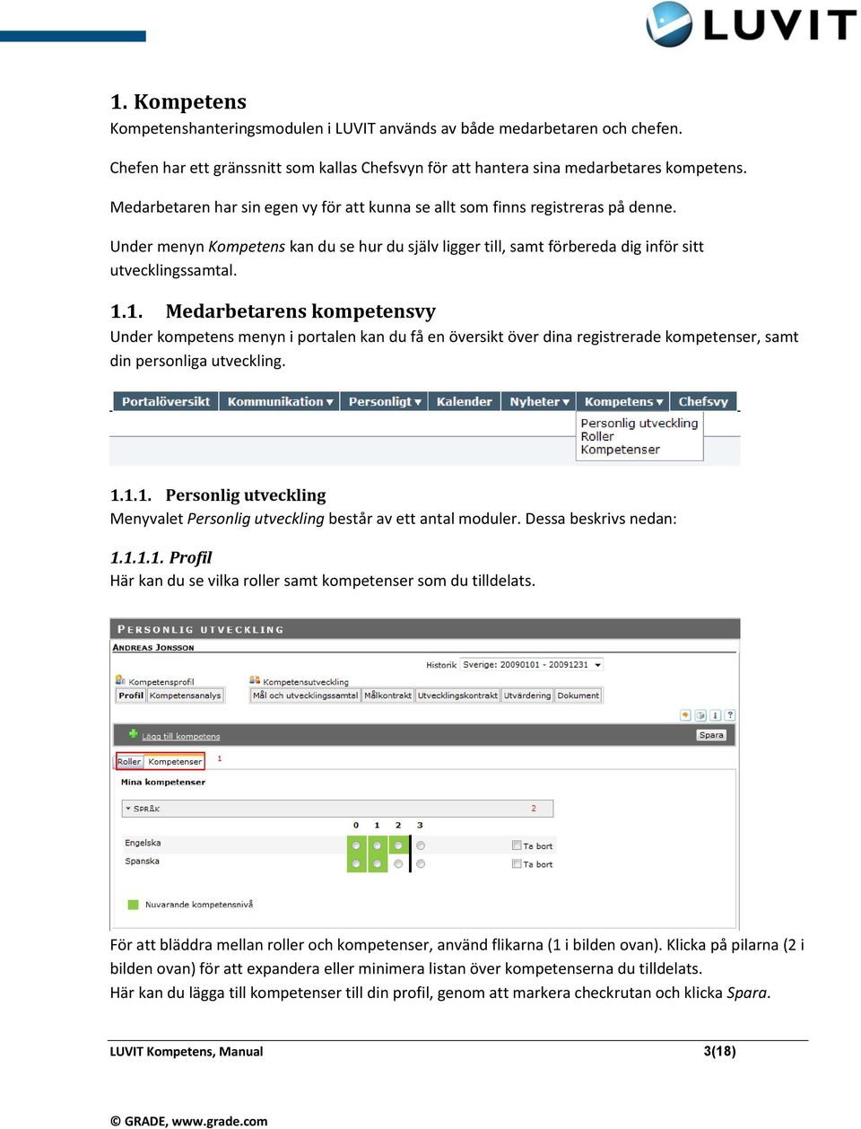 1. Medarbetarens kompetensvy Under kompetens menyn i portalen kan du få en översikt över dina registrerade kompetenser, samt din personliga utveckling. 1.1.1. Personlig utveckling Menyvalet Personlig utveckling består av ett antal moduler.