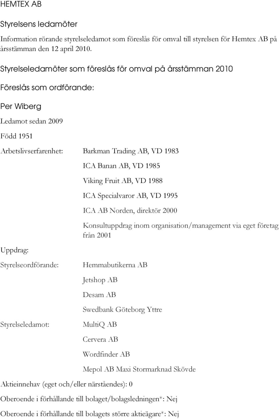 1985 Viking Fruit AB, VD 1988 ICA Specialvaror AB, VD 1995 ICA AB Norden, direktör 2000 Konsultuppdrag inom organisation/management via eget företag från 2001 Styrelseordförande: Hemmabutikerna