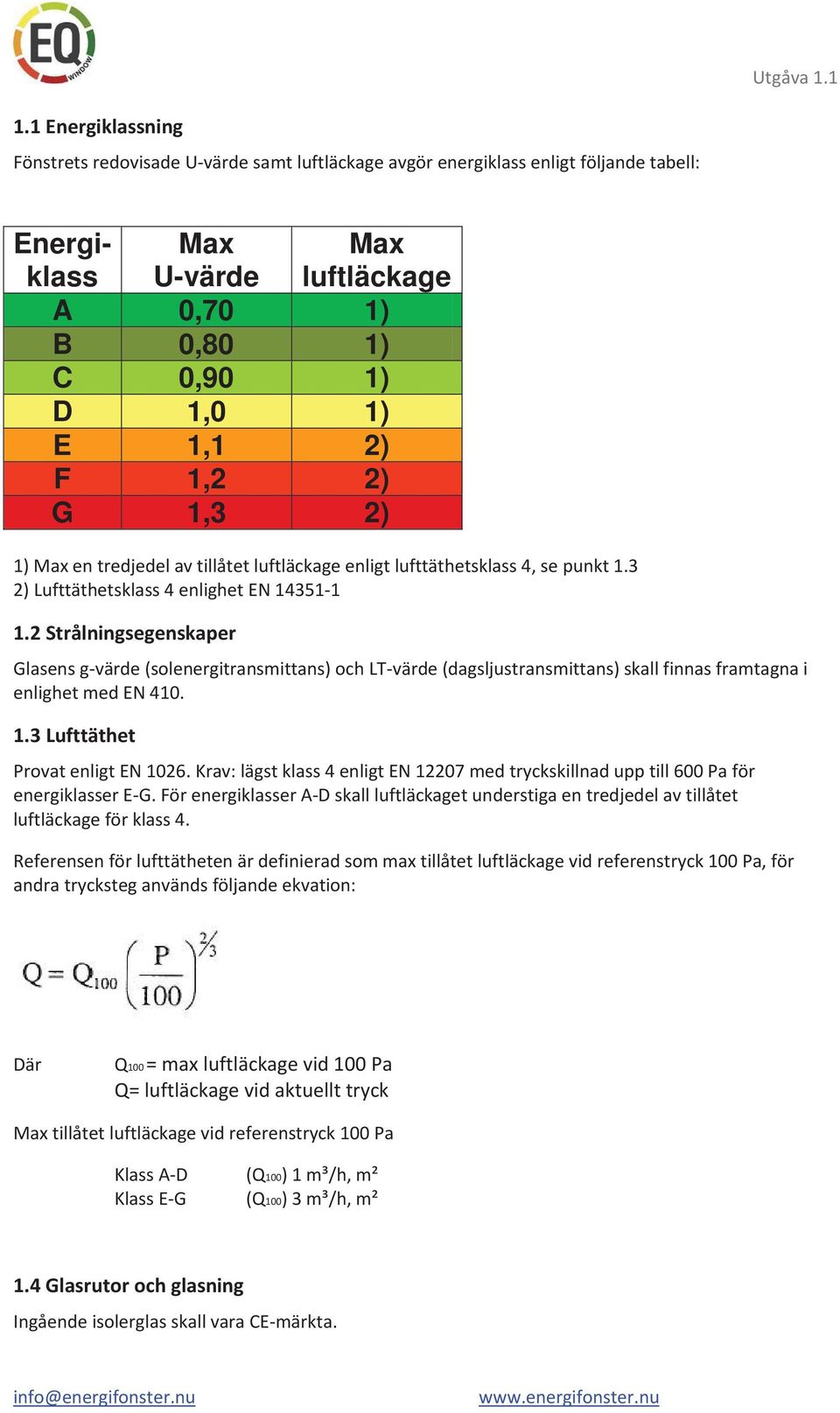2 Strålningsegenskaper Glasens g-värde (solenergitransmittans) och LT-värde (dagsljustransmittans) skall finnas framtagna i enlighet med EN 410. 1.3 Lufttäthet Provat enligt EN 1026.