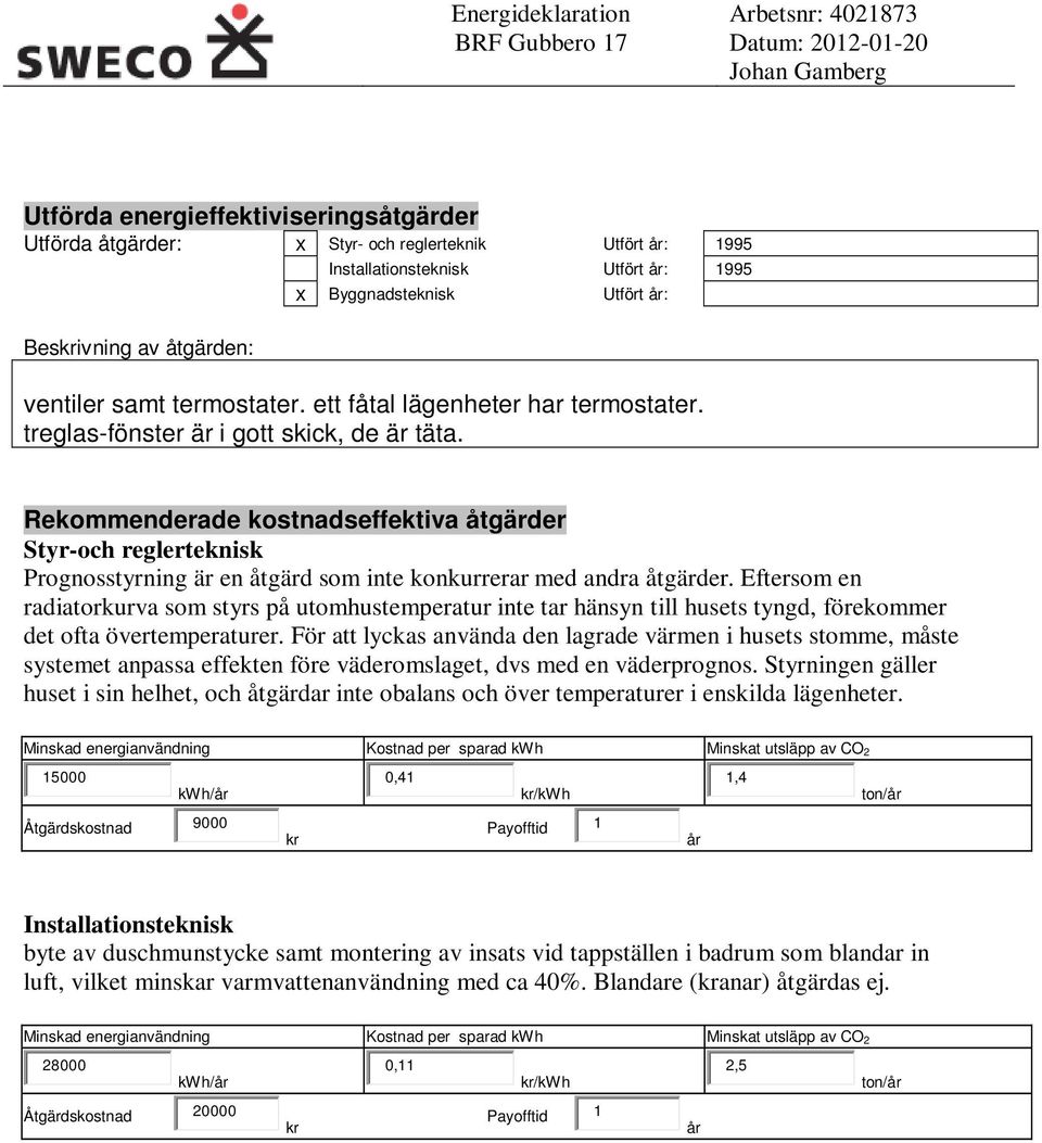Rekommenderade kostnadseffektiva åtgärder Styr-och reglerteknisk Prognosstyrning är en åtgärd som inte konkurrerar med andra åtgärder.