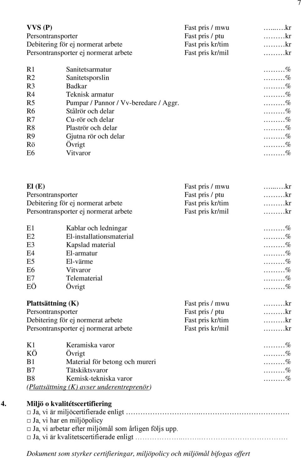 ...kr E1 Kablar och ledningar % E2 El-installationsmaterial % E3 Kapslad material % E4 El-armatur % E5 El-värme % E6 Vitvaror % E7 Telematerial % EÖ Övrigt % Plattsättning (K) Fast pris / mwu kr K1