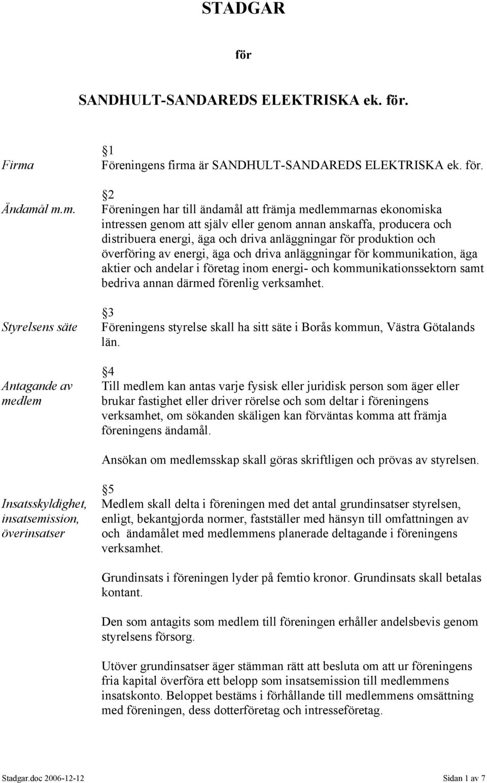 Firma Ändamål m.m. Styrelsens säte Antagande av medlem 1 Föreningens firma är  2 Föreningen har till ändamål att främja medlemmarnas ekonomiska intressen genom att själv eller genom annan anskaffa,