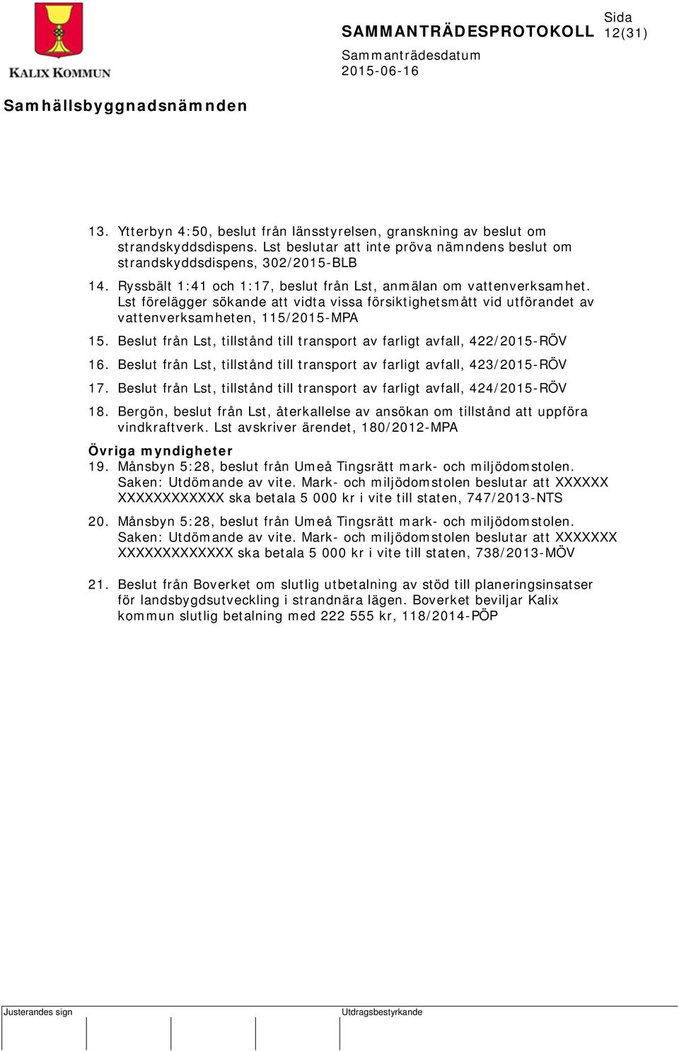 Beslut från Lst, tillstånd till transport av farligt avfall, 422/2015-RÖV 16. Beslut från Lst, tillstånd till transport av farligt avfall, 423/2015-RÖV 17.