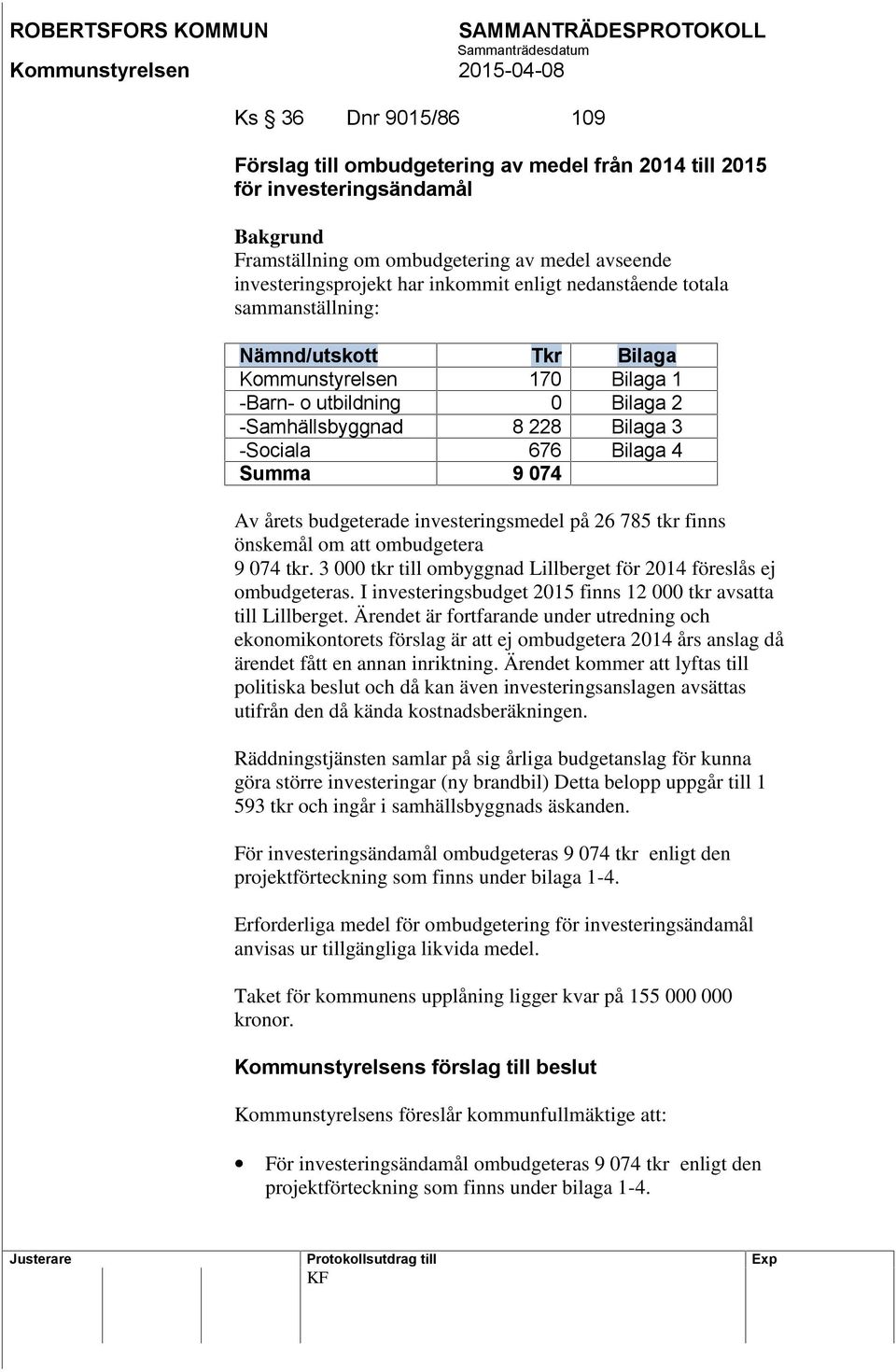budgeterade investeringsmedel på 26 785 tkr finns önskemål om att ombudgetera 9 074 tkr. 3 000 tkr till ombyggnad Lillberget för 2014 föreslås ej ombudgeteras.
