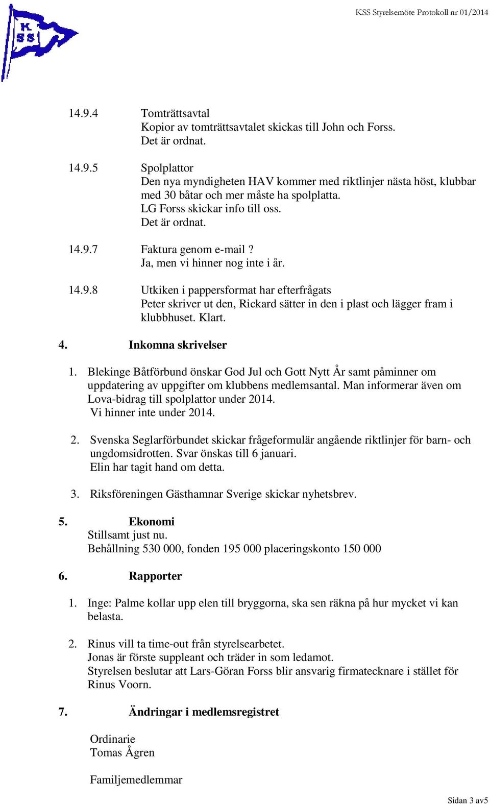Klart. 4. Inkomna skrivelser 1. Blekinge Båtförbund önskar God Jul och Gott Nytt År samt påminner om uppdatering av uppgifter om klubbens medlemsantal.
