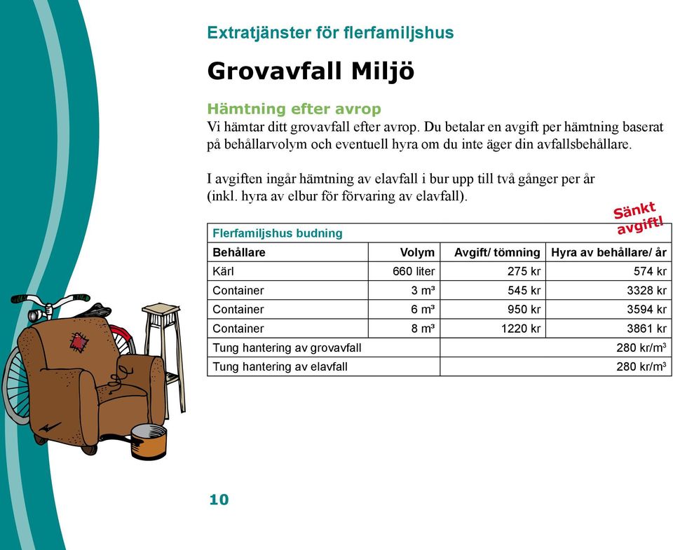 I avgiften ingår hämtning av elavfall i bur upp till två gånger per år (inkl. hyra av elbur för förvaring av elavfall). Sänkt avgift!