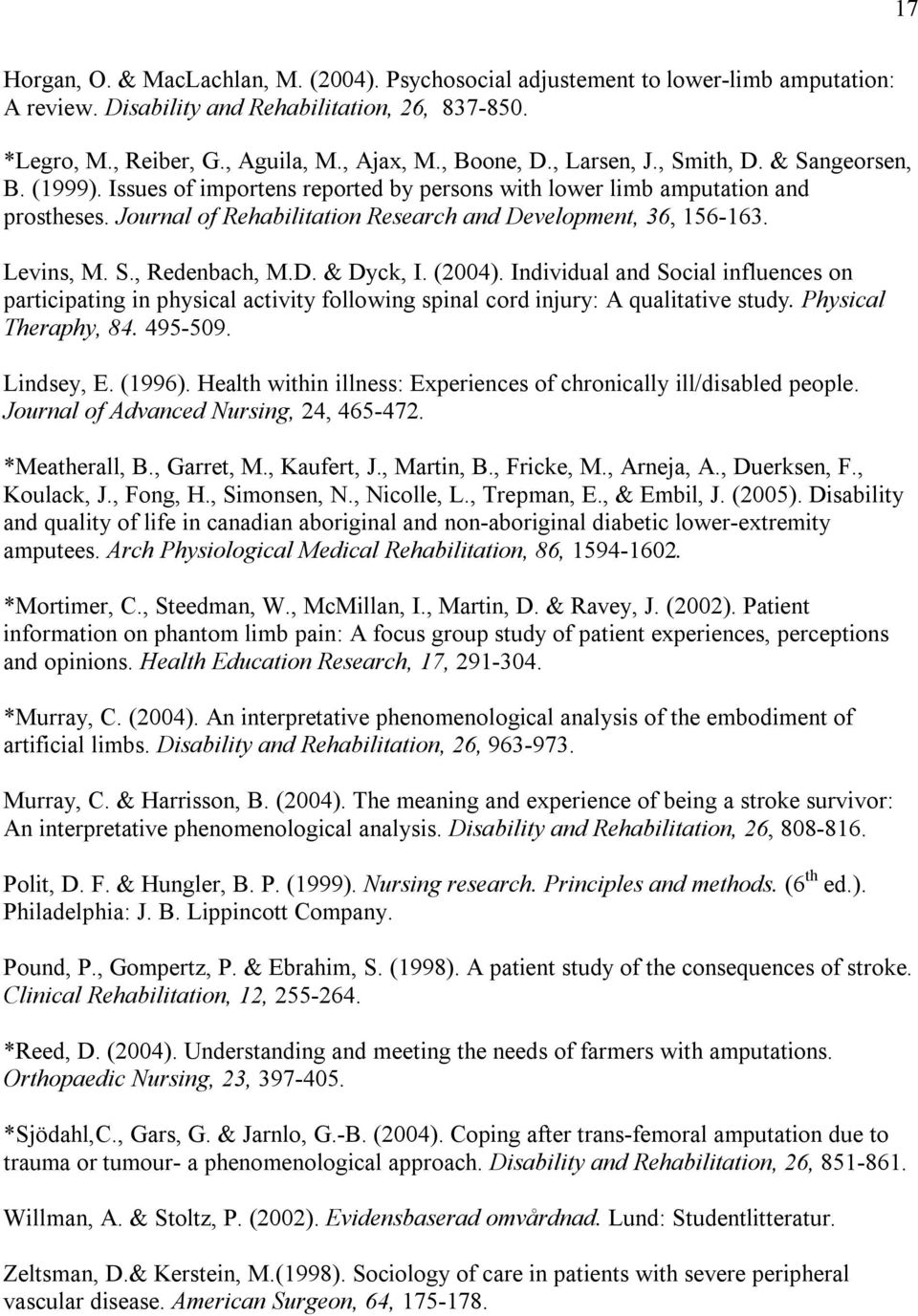 Levins, M. S., Redenbach, M.D. & Dyck, I. (2004). Individual and Social influences on participating in physical activity following spinal cord injury: A qualitative study. Physical Theraphy, 84.