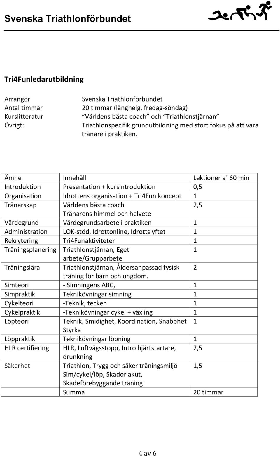 Ämne Innehåll Lektioner a 60 min Introduktion Presentation + kursintroduktion 0,5 Organisation Idrottens organisation + Tri4Fun koncept 1 Tränarskap Världens bästa coach 2,5 Tränarens himmel och