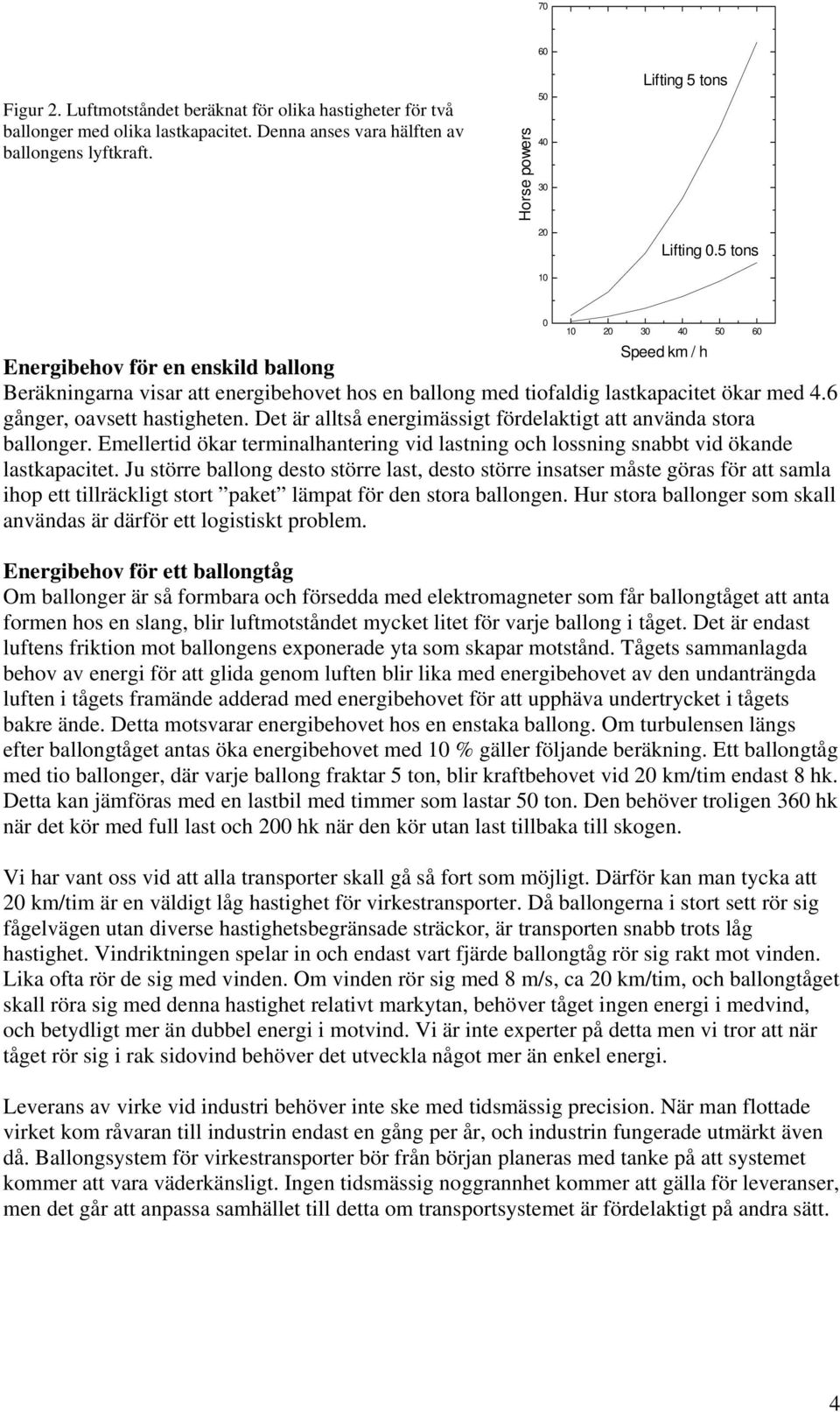 5 tons 0 10 20 30 40 50 60 Speed km / h Energibehov för en enskild ballong Beräkningarna visar att energibehovet hos en ballong med tiofaldig lastkapacitet ökar med 4.6 gånger, oavsett hastigheten.