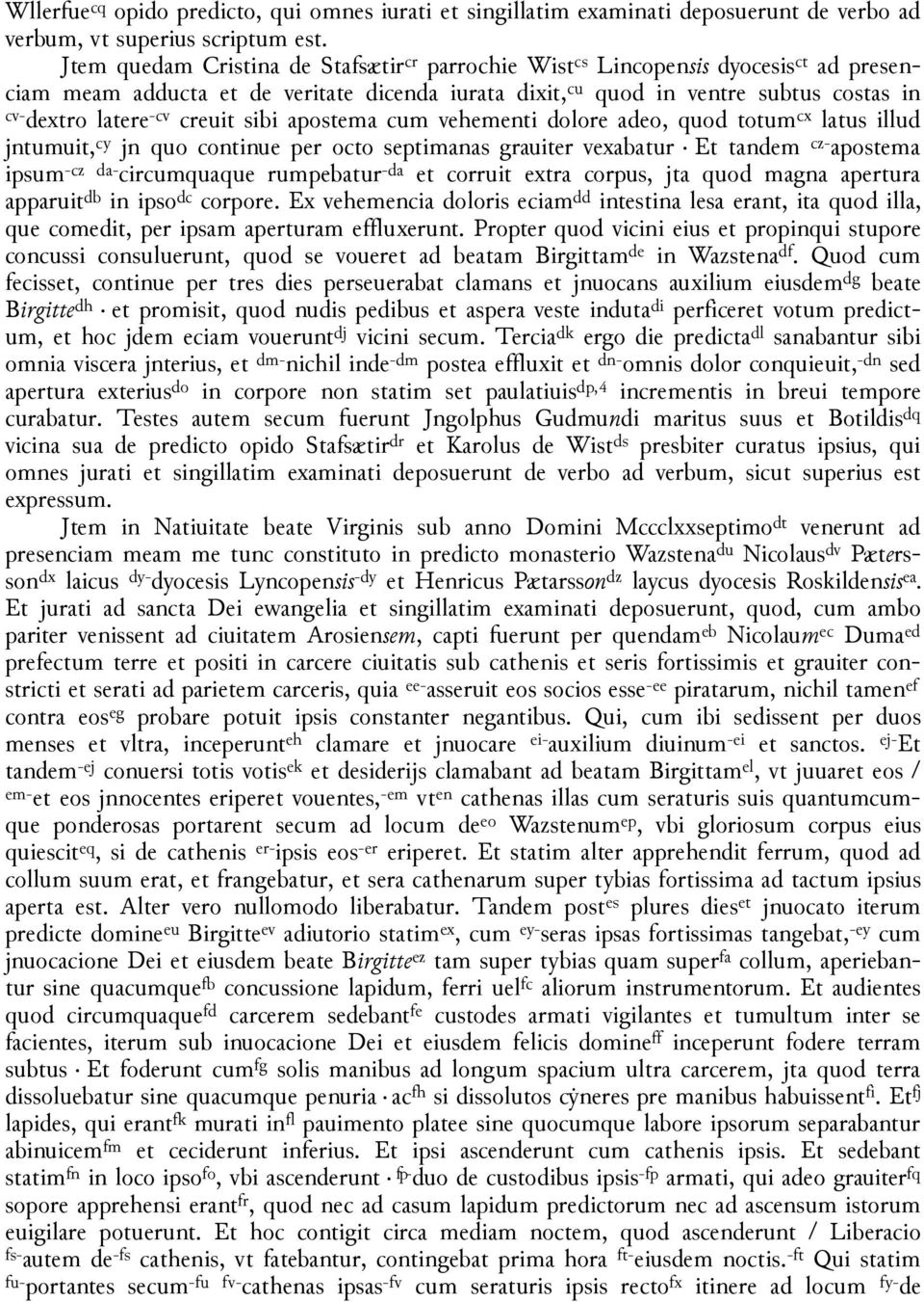 creuit sibi apostema cum vehementi dolore adeo, quod totum cx latus illud jntumuit, cy jn quo continue per octo septimanas grauiter vexabatur Et tandem cz- apostema ipsum -cz da- circumquaque