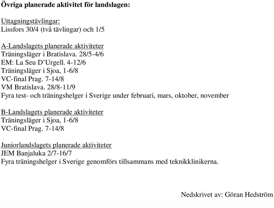 28/8-11/9 Fyra test- och träningshelger i Sverige under februari, mars, oktober, november B-Landslagets planerade aktiviteter Träningsläger i Sjoa,
