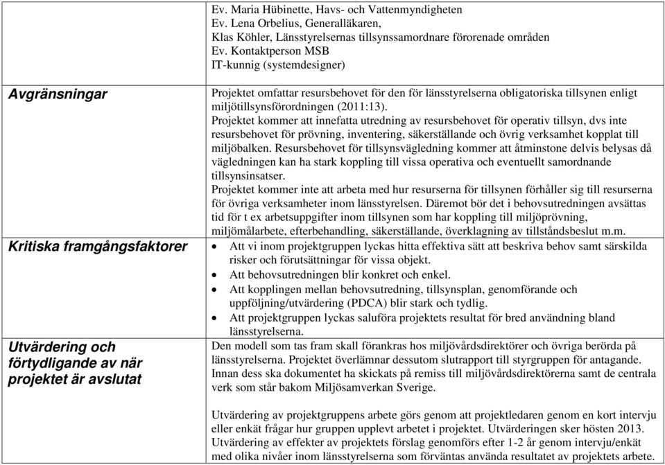 Projektet kommer att innefatta utredning av resursbehovet för operativ tillsyn, dvs inte resursbehovet för prövning, inventering, säkerställande och övrig verksamhet kopplat till miljöbalken.