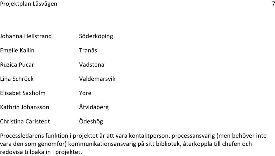 funktion i projektet är att vara kontaktperson, processansvarig (men behöver inte vara den som