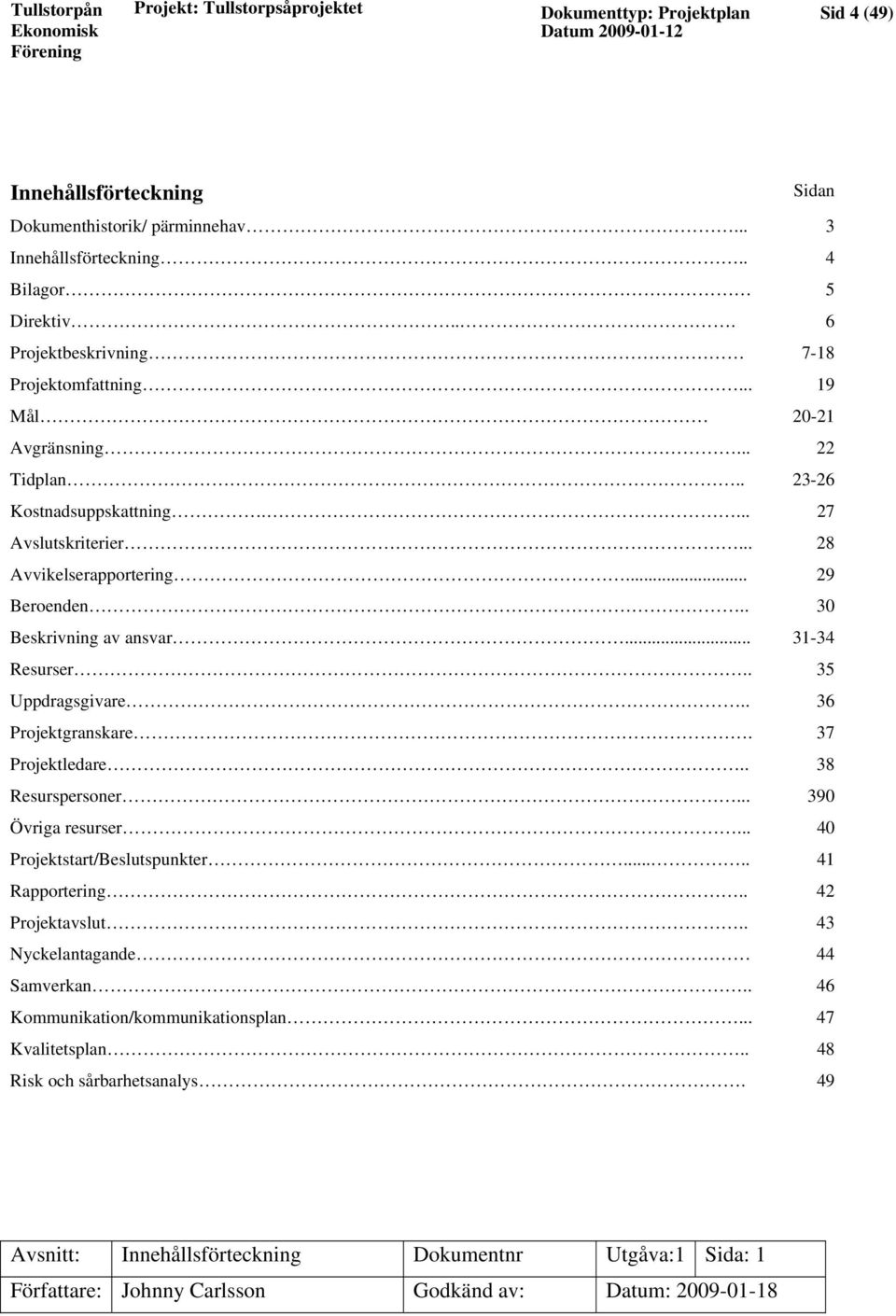 . 36 Projektgranskare. 37 Projektledare.. 38 Resurspersoner... 390 Övriga resurser... 40 Projektstart/Beslutspunkter..... 41 Rapportering.. 42 Projektavslut.. 43 Nyckelantagande 44 Samverkan.