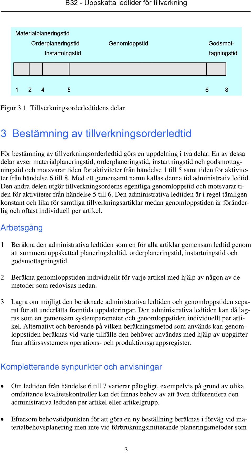 En av dessa delar avser materialplaneringstid, orderplaneringstid, instartningstid och godsmottagningstid och motsvarar tiden för aktiviteter från händelse 1 till 5 samt tiden för aktiviteter från