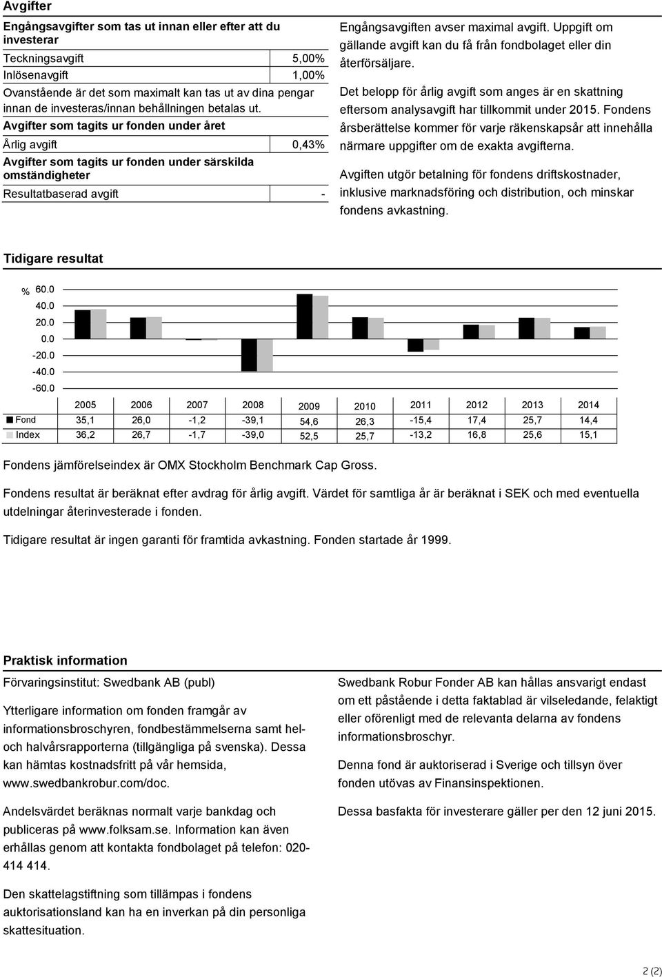 Avgifter som tagits ur fonden under året Årlig avgift 0,43% Avgifter som tagits ur fonden under särskilda omständigheter Resultatbaserad avgift - Engångsavgiften avser maximal avgift.