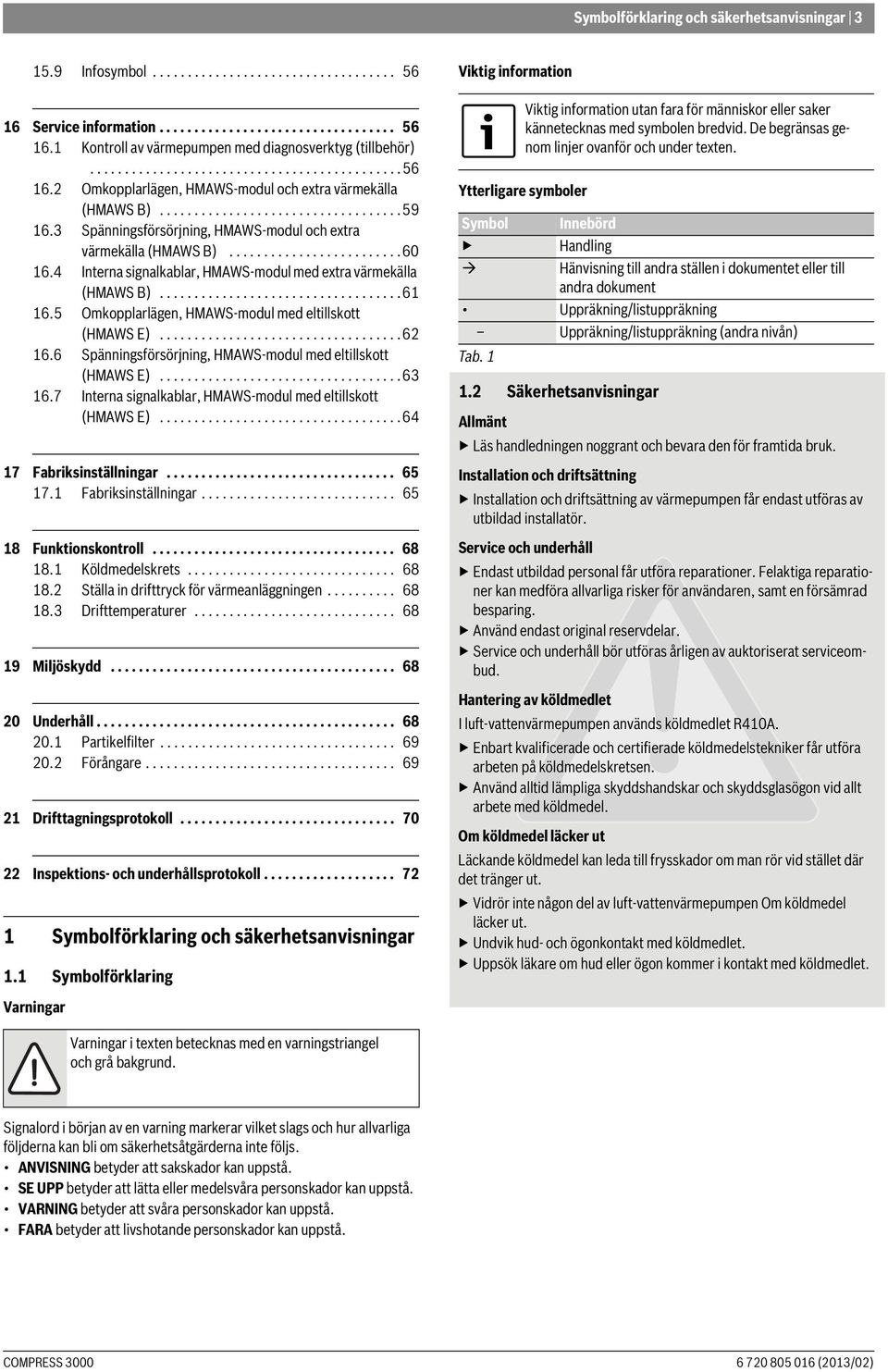 3 Spänningsförsörjning, HMAWS-modul och extra värmekälla (HMAWS B).........................60 16.4 Interna signalkablar, HMAWS-modul med extra värmekälla (HMAWS B)...................................61 16.