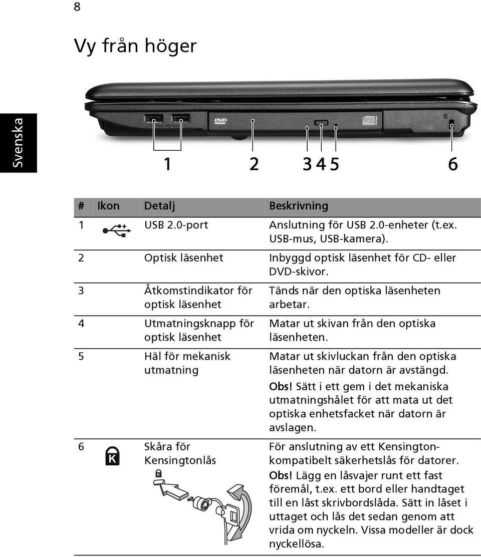 Matar ut skivan från den optiska läsenheten. Matar ut skivluckan från den optiska läsenheten när datorn är avstängd. Obs!