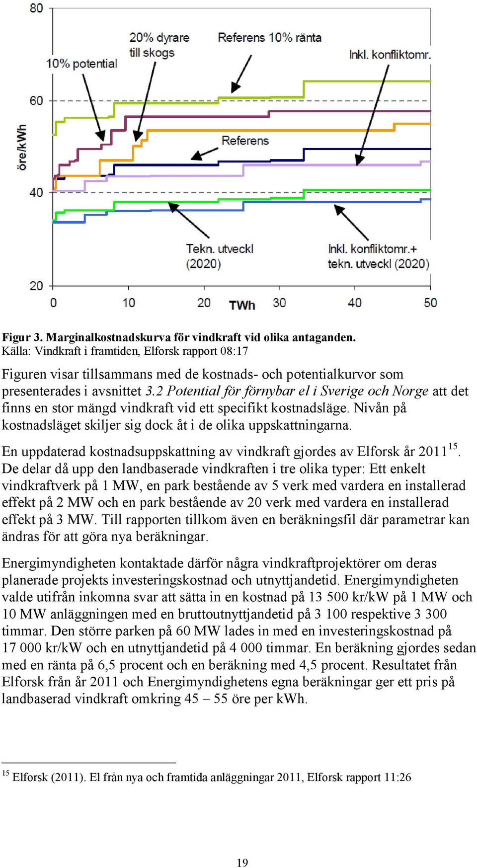 2 Potential för förnybar el i Sverige och Norge att det finns en stor mängd vindkraft vid ett specifikt kostnadsläge. Nivån på kostnadsläget skiljer sig dock åt i de olika uppskattningarna.