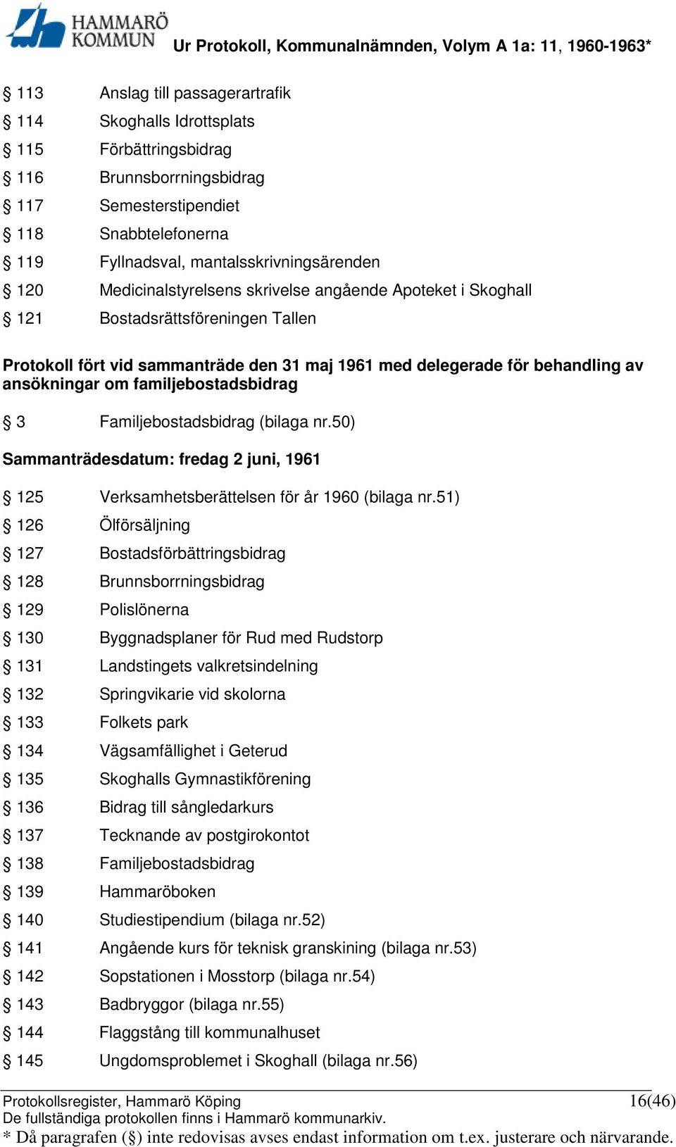 familjebostadsbidrag 3 Familjebostadsbidrag (bilaga nr.50) Sammanträdesdatum: fredag 2 juni, 1961 125 Verksamhetsberättelsen för år 1960 (bilaga nr.