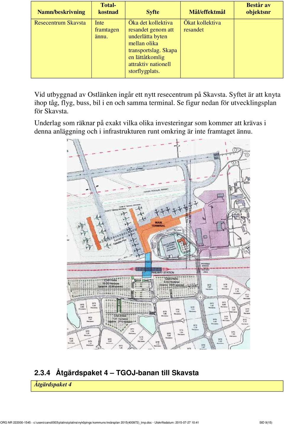 Syftet är att knyta ihop tåg, flyg, buss, bil i en och samma terminal. Se figur nedan för utvecklingsplan för Skavsta.