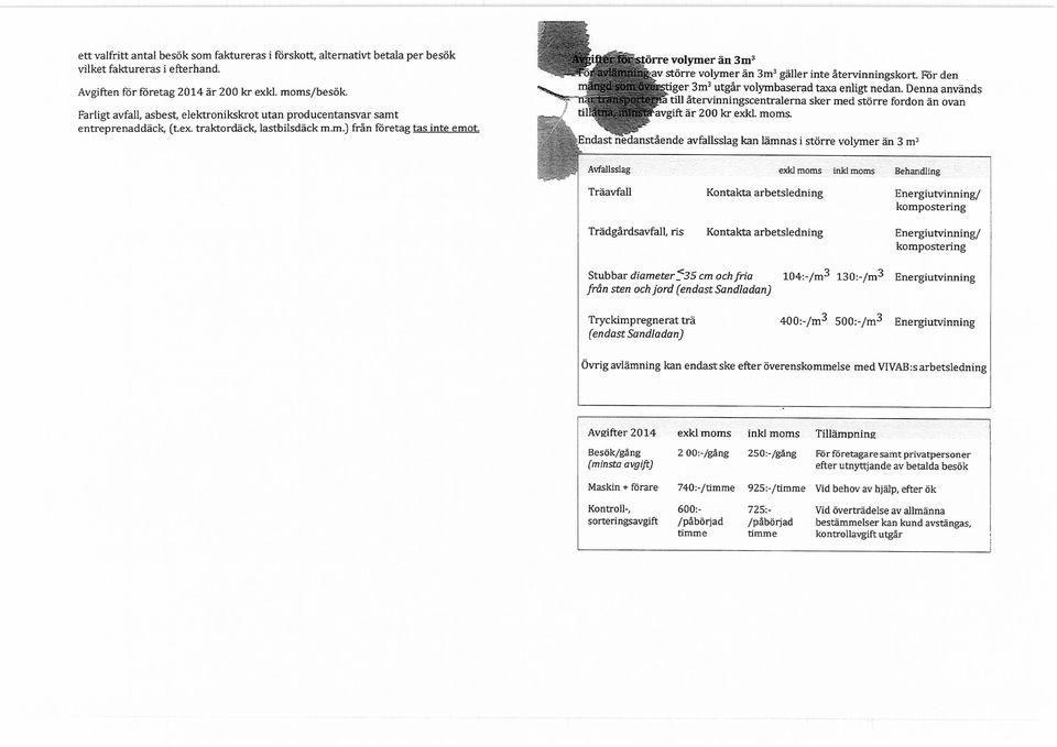 örre volymer än 3 m 3 större volymer än 3m 3 gäller inte återvinningskort. För den tiger 3m 3 utgår volymbaserad taxa enligt nedan.