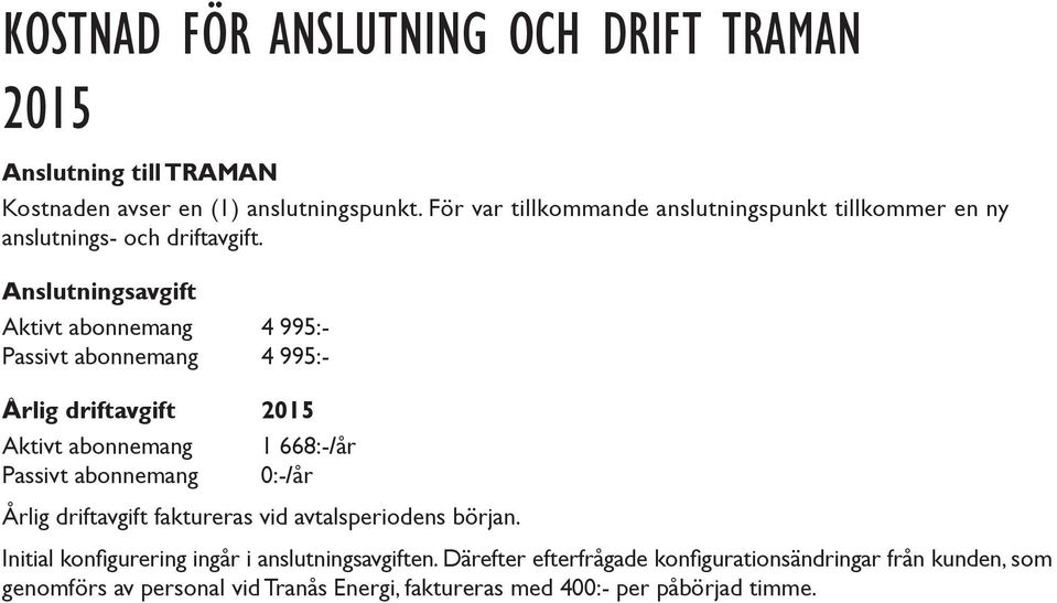 Anslutningsavgift Aktivt abonnemang 4 995:- Passivt abonnemang 4 995:- Årlig driftavgift 2015 Aktivt abonnemang Passivt abonnemang 1 668:-/år 0:-/år