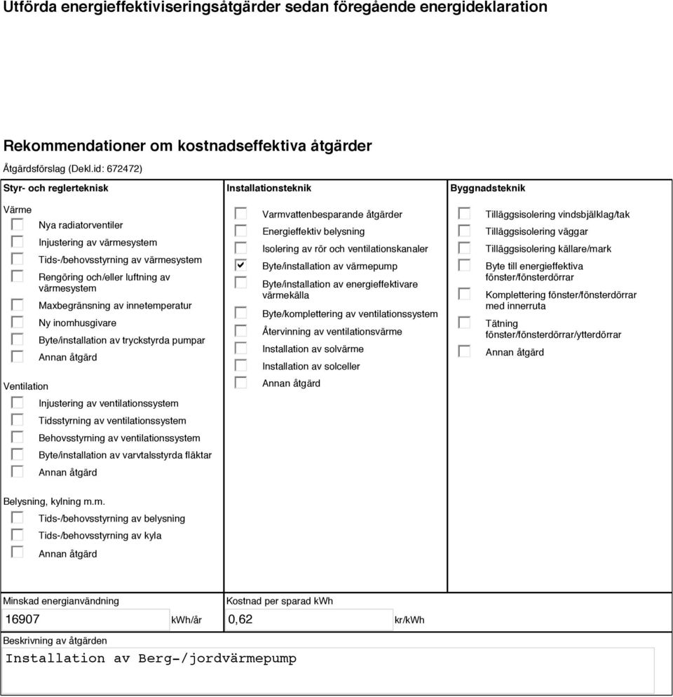 innetemperatur Ny inomhusgivare Byte/installation av tryckstyrda pumpar Injustering av ventilationssystem Tidsstyrning av ventilationssystem Behovsstyrning av ventilationssystem Byte/installation av