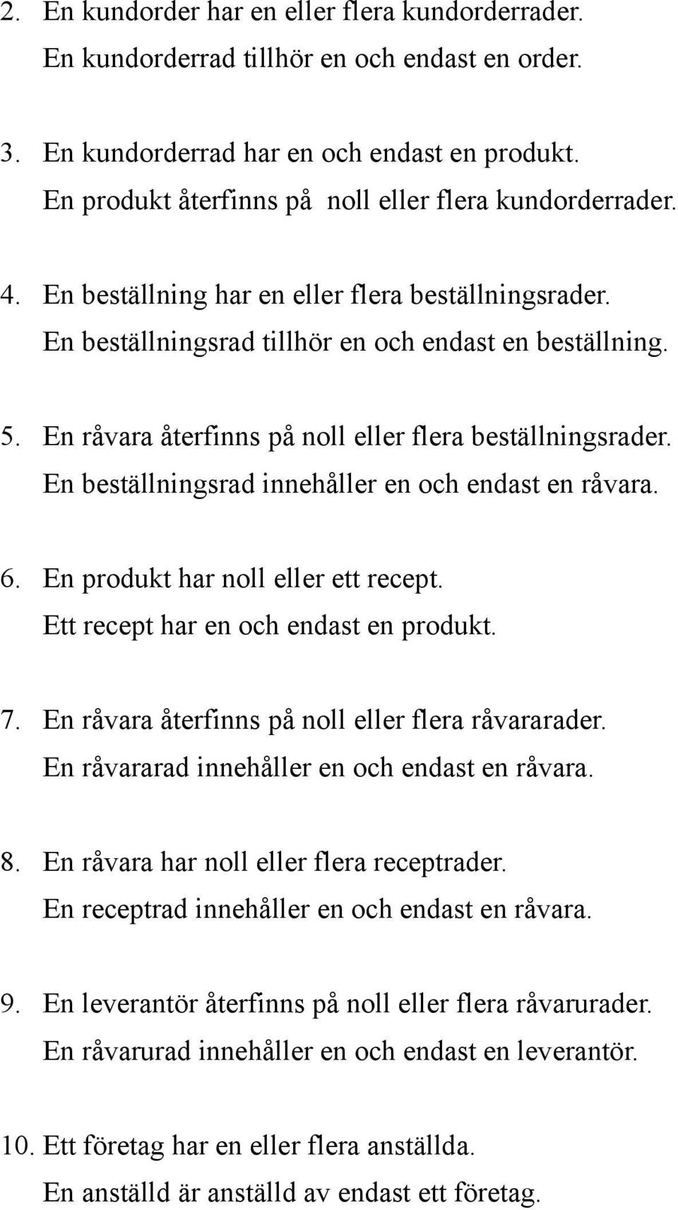 En råvara återfinns på noll eller flera beställningsrader. En beställningsrad innehåller en och endast en råvara. 6. En produkt har noll eller ett recept. Ett recept har en och endast en produkt. 7.