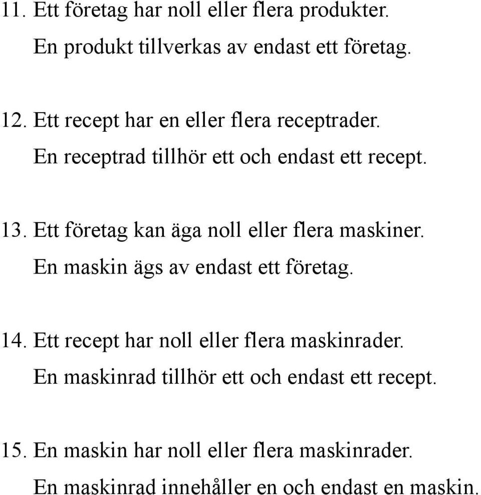 Ett företag kan äga noll eller flera maskiner. En maskin ägs av endast ett företag. 14.