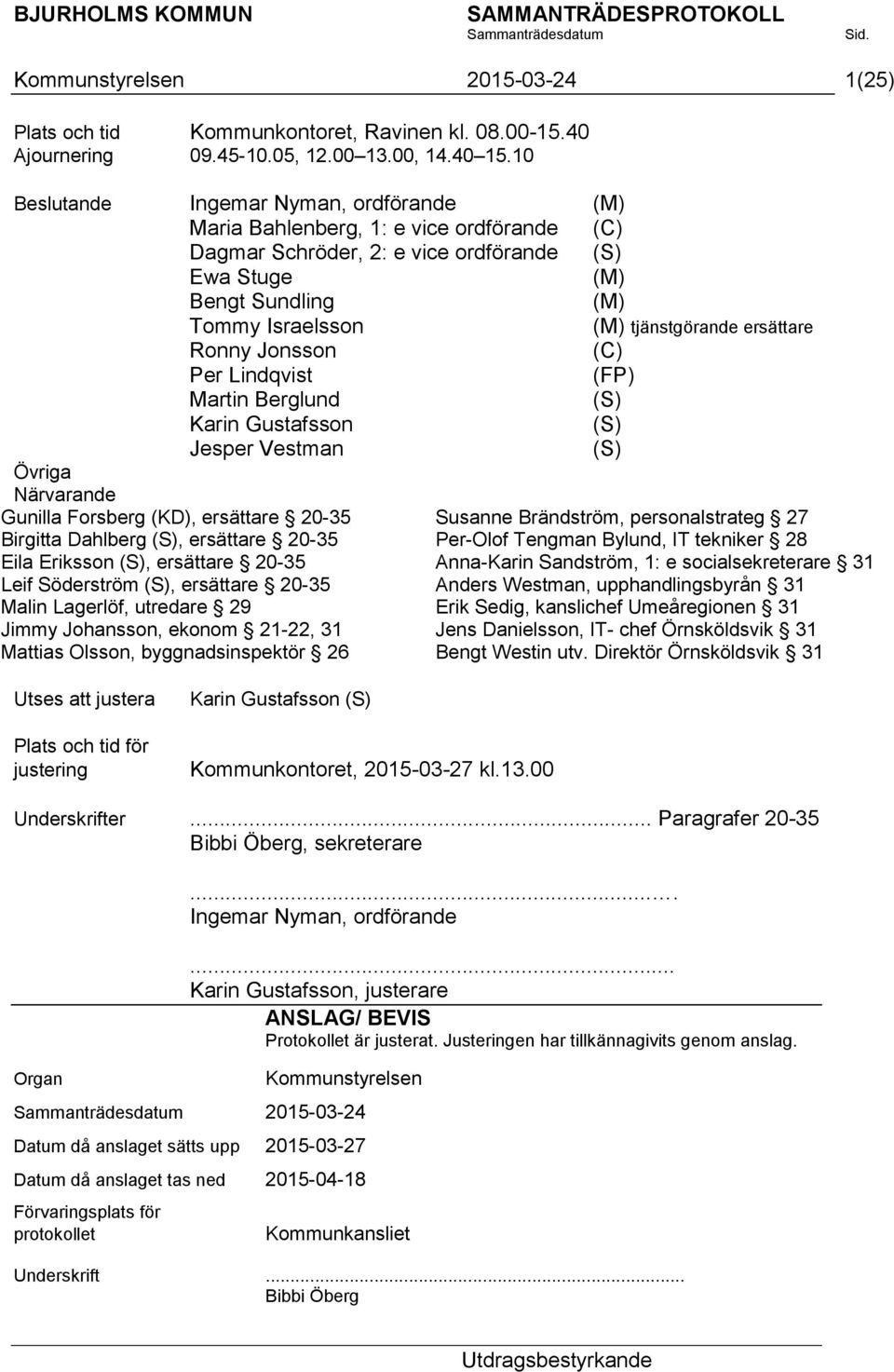 ersättare Ronny Jonsson (C) Per Lindqvist (FP) Martin Berglund (S) Karin Gustafsson (S) Jesper Vestman (S) Övriga Närvarande Gunilla Forsberg (KD), ersättare 20-35 Birgitta Dahlberg (S), ersättare