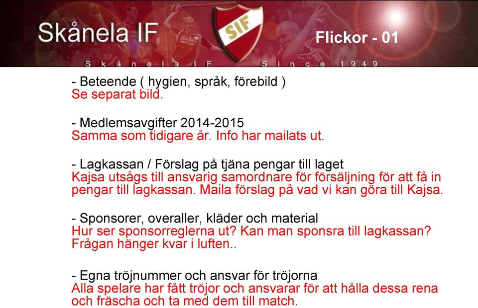 Maila förslag på vad vi kan göra till Kajsa. - Sponsorer, overaller, kläder och material Hur ser sponsorreglerna ut? Kan man sponsra till lagkassan?