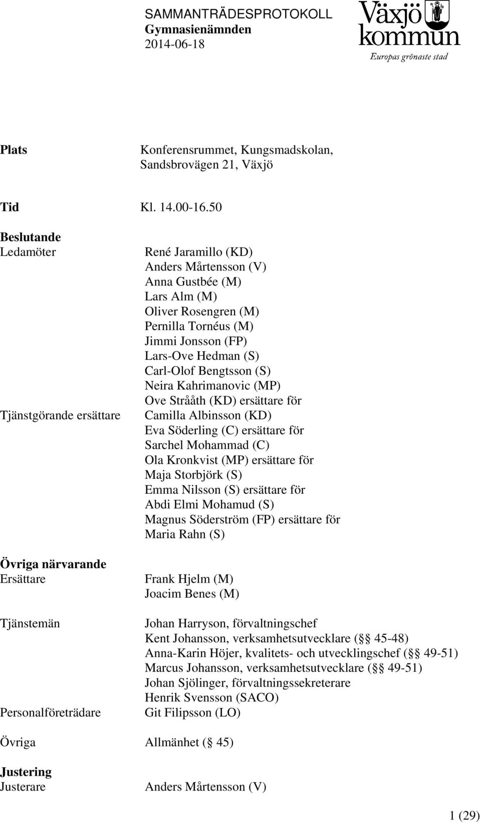 Pernilla Tornéus (M) Jimmi Jonsson (FP) Lars-Ove Hedman (S) Carl-Olof Bengtsson (S) Neira Kahrimanovic (MP) Ove Strååth (KD) ersättare för Camilla Albinsson (KD) Eva Söderling (C) ersättare för