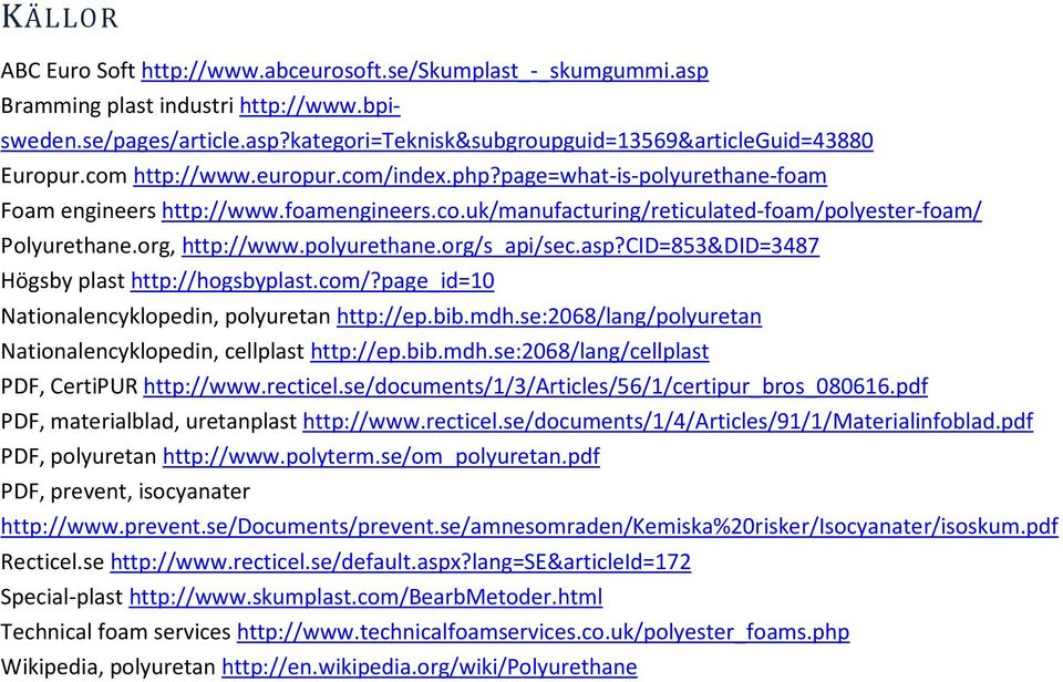 polyurethane.org/s_api/sec.asp?cid=853&did=3487 Högsby plast http://hogsbyplast.com/?page_id=10 Nationalencyklopedin, polyuretan http://ep.bib.mdh.