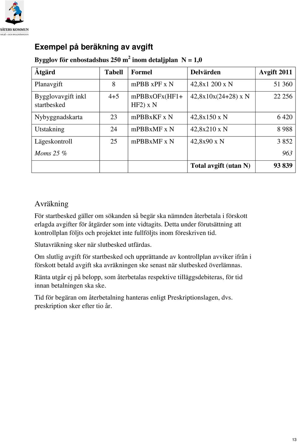 42,8x90 x N 3 852 963 Total avgift (utan N) 93 839 Avräkning För startbesked gäller om sökanden så begär ska nämnden återbetala i förskott erlagda avgifter för åtgärder som inte vidtagits.