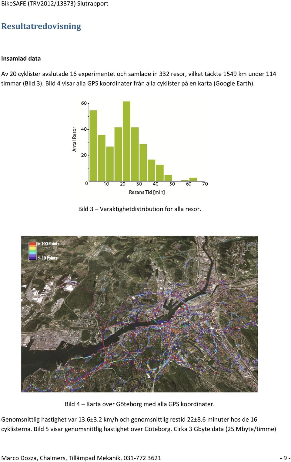 Bild 4 Karta over Göteborg med alla GPS koordinater. Genomsnittlig hastighet var 13.6±3.2 km/h och genomsnittlig restid 22±8.