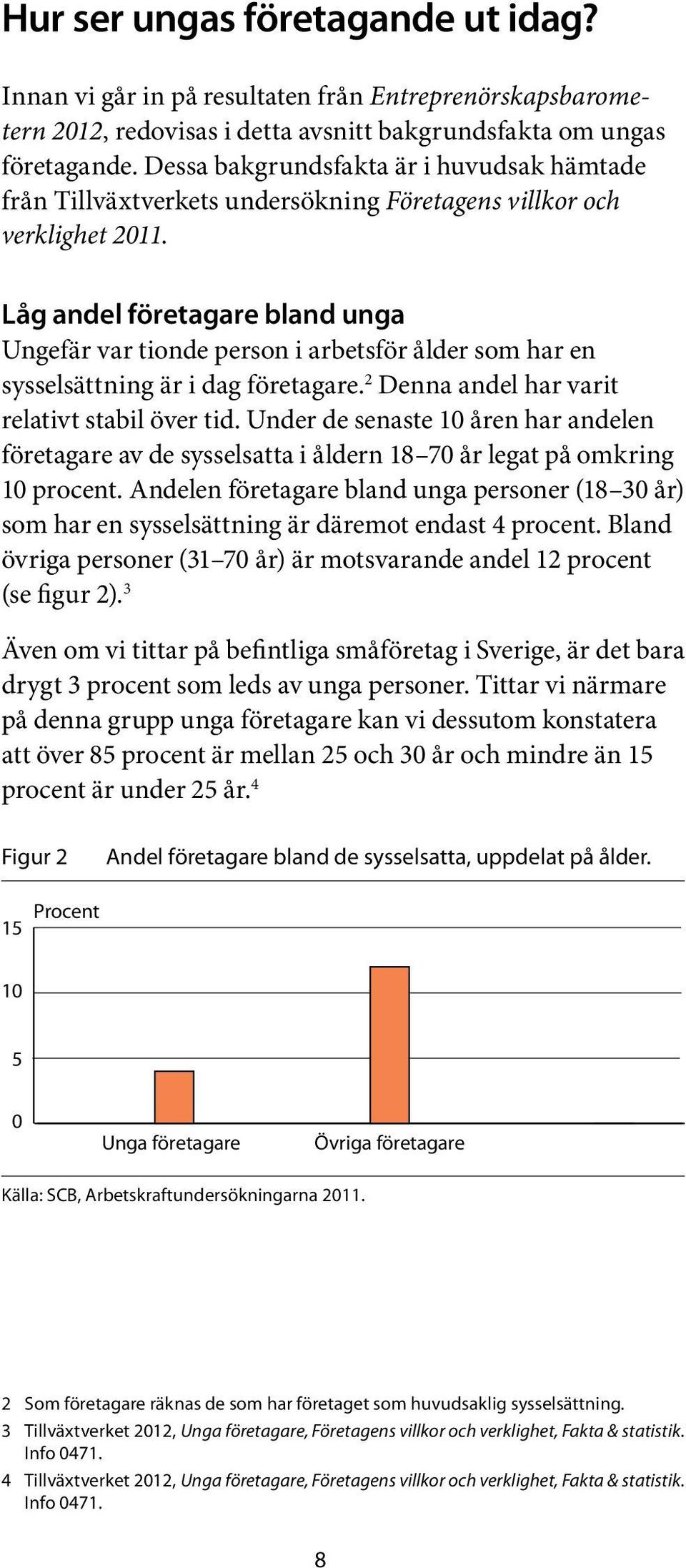 Låg andel företagare bland unga Ungefär var tionde person i arbetsför ålder som har en sysselsättning är i dag företagare. 2 Denna andel har varit relativt stabil över tid.