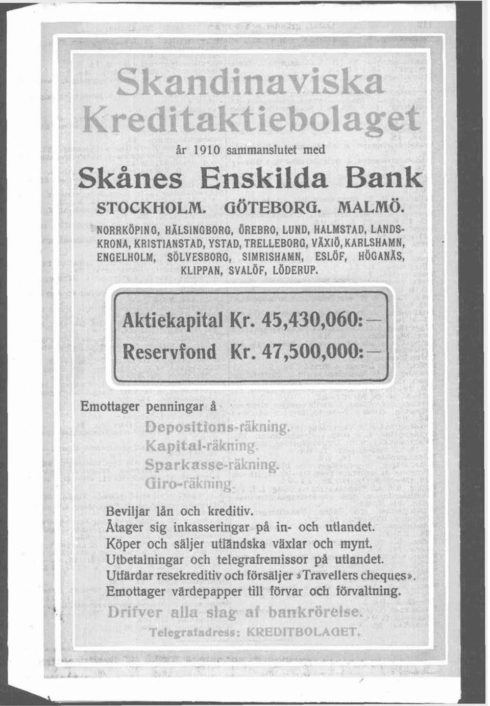 LÖDERUP. Aktiekapital Kr. 45,430,060: - Emottager penningar?i r., T* L, r -v ' - f 7-1 =.-.- - *-., - I,- r l<. Beviljar lan och kreditiv.