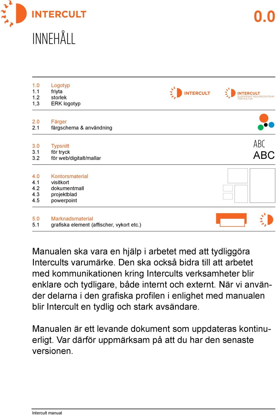 ) Manualen ska vara en hjälp i arbetet med att tydliggöra Intercults varumärke.