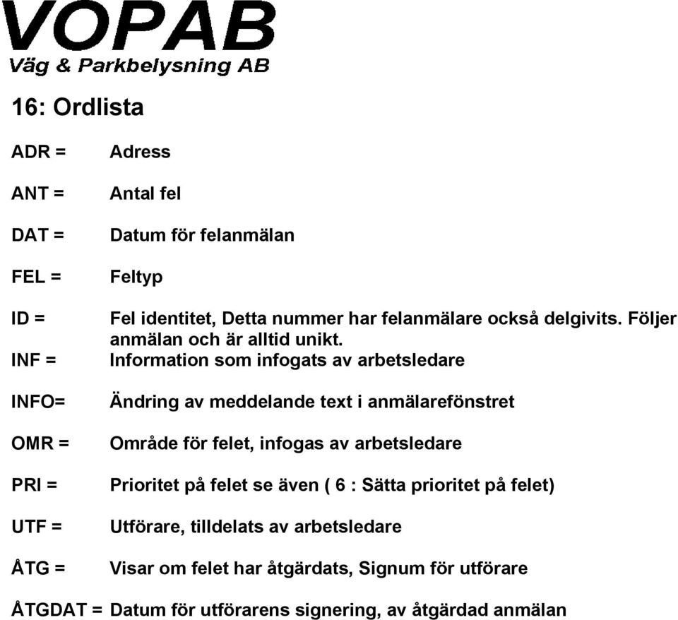 Information som infogats av arbetsledare Ändring av meddelande text i anmälarefönstret Område för felet, infogas av arbetsledare Prioritet