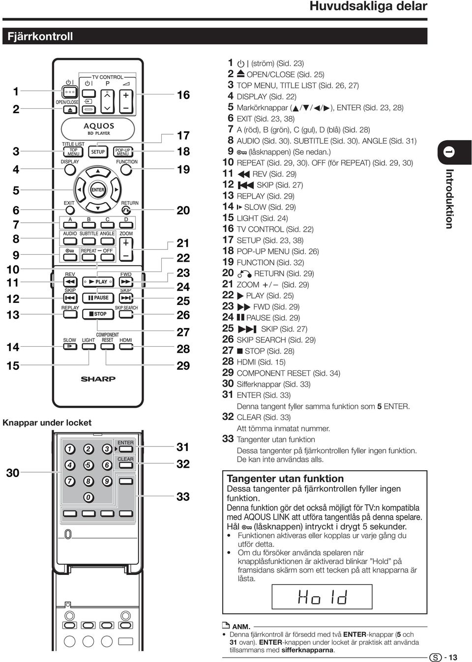 ) 0 REPEAT (Sid. 9, 30). OFF (för REPEAT) (Sid. 9, 30) S REV (Sid. 9) T SKIP (Sid. 7) 3 REPLAY (Sid. 9) 4 SLOW (Sid. 9) 5 LIGHT (Sid. 4) 6 TV CONTROL (Sid. ) 7 SETUP (Sid. 3, 38) 8 POP-UP MENU (Sid.