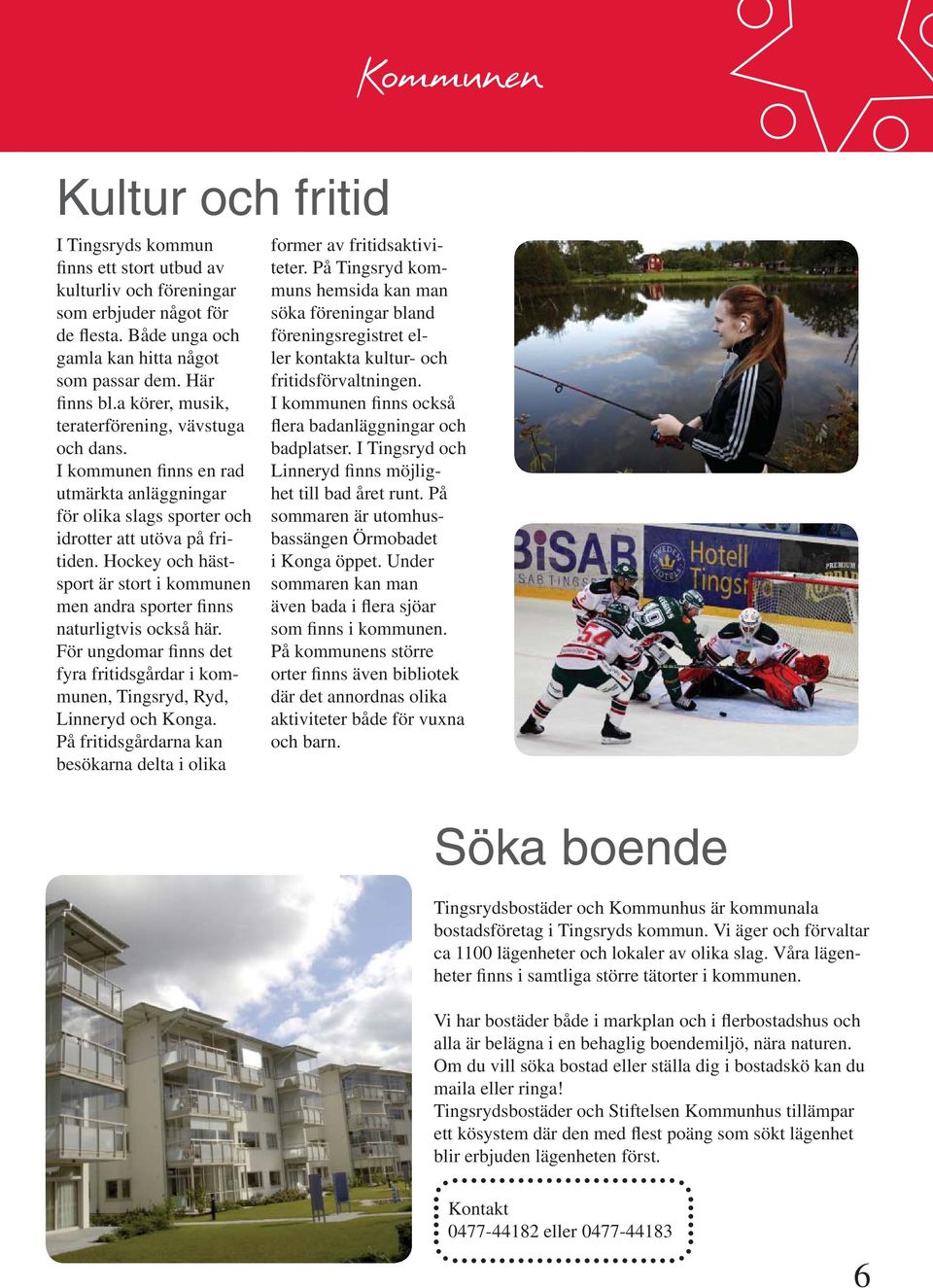 Hockey och hästsport är stort i kommunen men andra sporter finns naturligtvis också här. För ungdomar finns det fyra fritidsgårdar i kommunen, Tingsryd, Ryd, Linneryd och Konga.