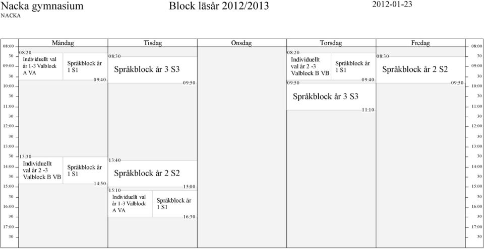 09:40 08: Språkblock år 2 S2 09:50 08:00 09:00 10:00 11:00 11:10 11:00 12:00 12:00 13:00 13:00 14:00 15:00 16:00 13: Individuellt val år 2-3 Valblock